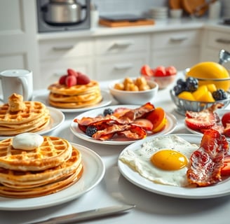 a table with breakfast foods and a cup of coffee