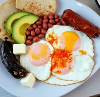 a plate of food with eggs, sausages, and beans