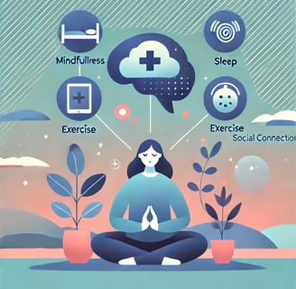 Ilustración digital moderna que representa el cuidado de la salud mental. Muestra a una persona meditando en un entorno 