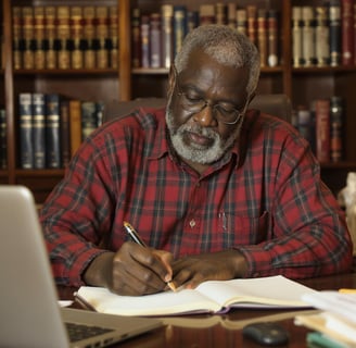 Retired man writing his memoir as his legacy.