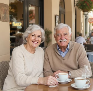 Retired couple having coffee in Europe because they planned their legacy.