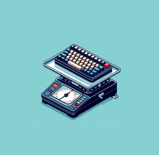 2D Pixel art of a mechanical keyboard being weighed on a scale.