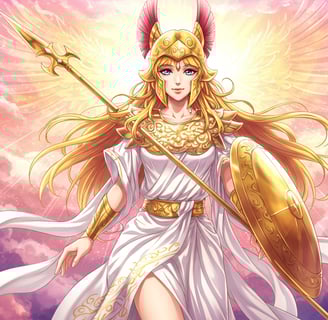 a woman, Athena, in a white dress holding a sword and shield