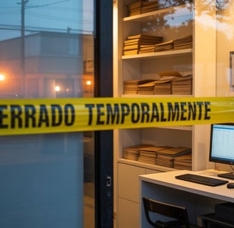 Negocio cerrado con cinta amarilla que indica “CERRADO TEMPORALMENTE”.