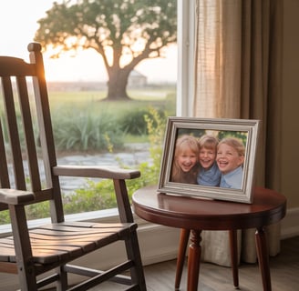 Silla mecedora vacía y mesa con foto de tres niñas sonrientes en una sala luminosa al atardecer,.