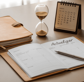 Agenda abierta con la palabra “Actualizar”, junto a un reloj de arena y calendario de sobremesa.