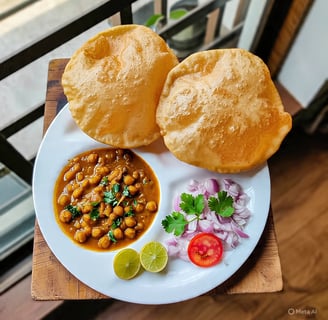 a plate of food with a bowl of food on a table, chole bhaature