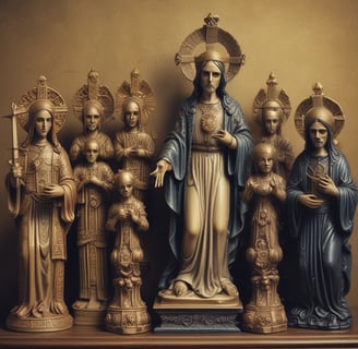 A collection of colorful religious figurines and statuettes on display, including representations of saints, angels, and other religious symbols. The statues are highly detailed, with some dressed in red and others in blue or white garments. A prominent figure in red is holding a scythe, and there is also a sign reading 'Poderoso Talisman Super Protector'.