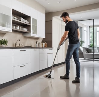 A person is engaged in cleaning or polishing an intricately carved piece of furniture. They are wearing a green and beige outfit and holding a brush in hand. The background includes green banana leaves and drying leaves hanging from the ceiling, suggesting a rustic or traditional setting.