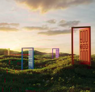 a field with a red door and a red door