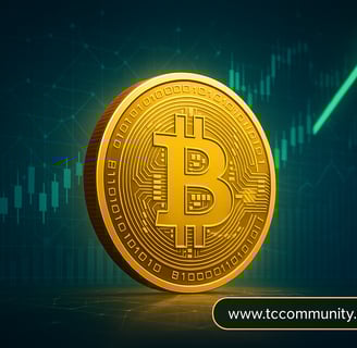 Illustration of a golden Bitcoin rising against a futuristic financial background with blockchain networks and upward market 