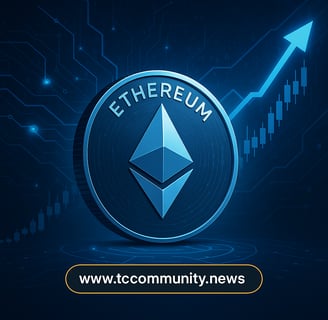 Illustration featuring a silver-blue Ethereum coin rising against a futuristic blockchain network ba