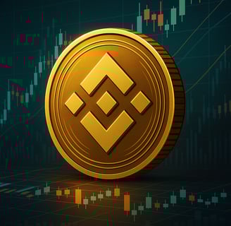 Illustration featuring a golden Binance Coin (BNB) with a background of crypto exchange charts and f
