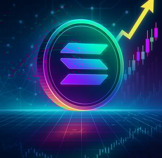 Futuristic digital art featuring a glowing Solana coin in a neon-lit blockchain environment with upward market trends, symbol