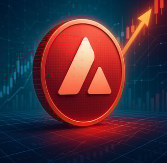 Futuristic digital artwork featuring a bright red Avalanche (AVAX) coin rising against a high-tech blockchain background with