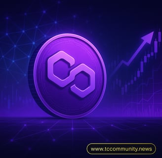 Futuristic digital artwork featuring a purple Polygon (MATIC) coin rising in a glowing blockchain en