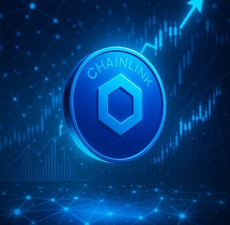 Futuristic digital illustration featuring a glowing blue Chainlink (LINK) coin surrounded by interconnected data streams and 