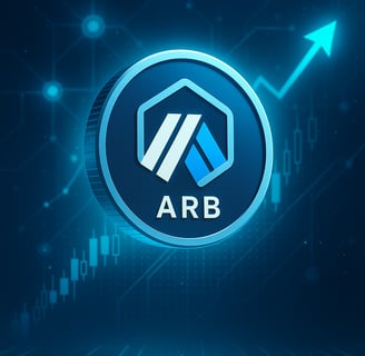 A dynamic digital artwork showing an Arbitrum (ARB) coin floating in a futuristic blockchain setting with glowing network nod