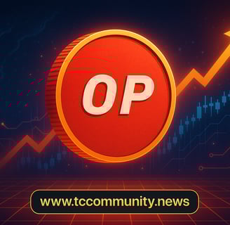 Futuristic illustration featuring a bold red Optimism (OP) coin