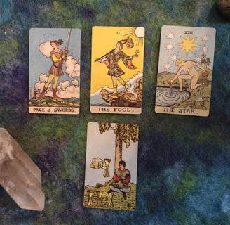 Tarot cards Page Swords, Fool, Star, 4 of Cups