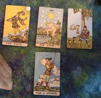 Tarot Cards Fool, Star, 4 of Cups, Page Swords