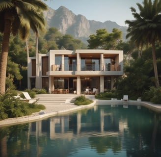 A scenic view of a coastal hillside with multiple large houses and villas surrounded by greenery. A tall palm tree is in the foreground, contrasting with a partially cloudy sky. The architecture consists of cream and earth-toned buildings, some with arched windows.
