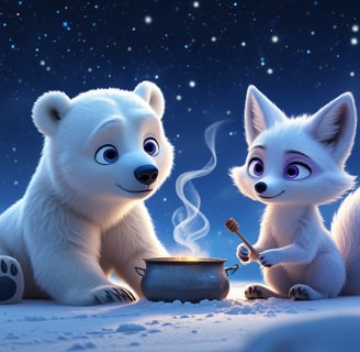 A polar bear and a fox are cooking fish stew in a snowy mountain.