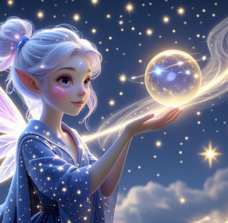 A pixie with shiny wings and lavender hair holding a magical bubble of dreams