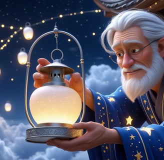 An old man known as The Lantern Keeper is sending a glowing lantern from high above the clouds.