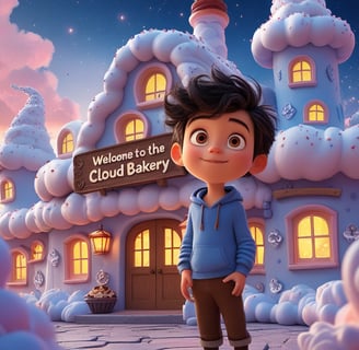 A little boy standing in front of the Cloud Bakery on top of fluffy clouds.