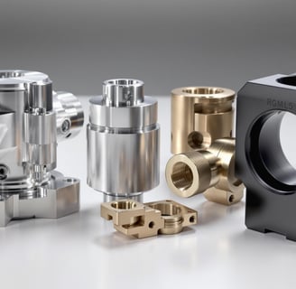 Various CNC machined parts made from aluminum, steel, brass, and plastic materials