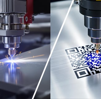 Close-up of laser cutting a metal sheet and laser engraving a QR code on aluminum