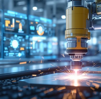 Robotic arm with laser cutting metal in a smart factory environment