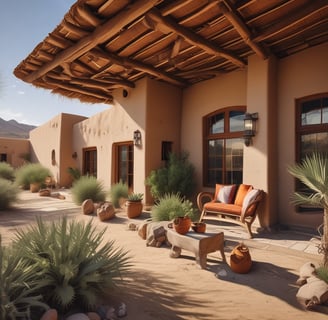 An adobe-style building is nestled at the base of a rugged mountain range, with sparse desert vegetation in the foreground and a clear blue sky above.