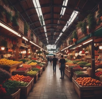 A busy outdoor market scene with people interacting and engaging in trade. Individuals are gathered around carts filled with fresh produce, such as leafy greens and melons. Some people are standing while others are seated on structures around the area, giving a sense of casual social interaction.