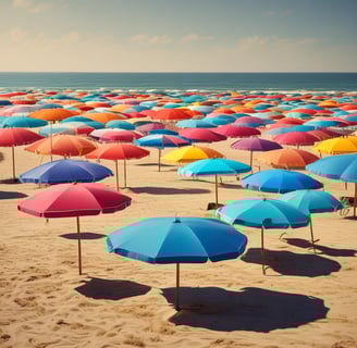 Multiple umbrellas are displayed with a mix of colors and patterns. A pink umbrella is prominent in the foreground, alongside a black one with white polka dots. Additionally, there are umbrellas in shades of purple and blue.