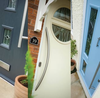 grey composite door with long handle, cream door with pattern glass, duck egg blue composite door