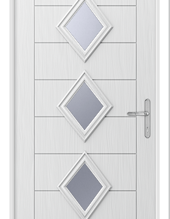 a white urban front door with diamond glass panels