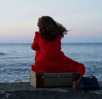 A woman in a red dress sitting on a suitcase, looking out to sea.