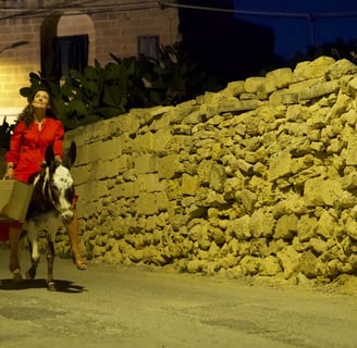 A woman riding a horse alongside a stone wall.