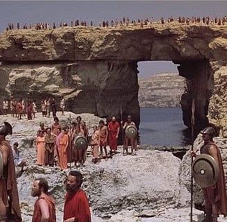 Greek solidiers and high class citizens in front of the Azure Window,