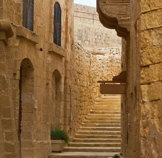 A cat sitting on a stone wall next to a staircase in Gozo's Citadel.