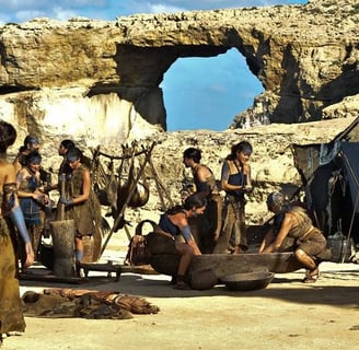 Dothraki village in front of the Azure Window from episode 1, season 1 of Game of Thrones.