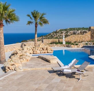 A swimming pool in a terrace with two palm trees, overlooking the sea.