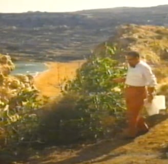 2 men on a cliff overlooking a beach.