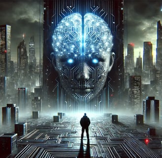 A dark, futuristic cityscape with a towering AI brain made of circuitry, symbolizing the risks of ar