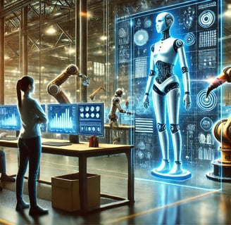 A futuristic scene illustrating human-robot collaboration in the workplace, with a human worker at a