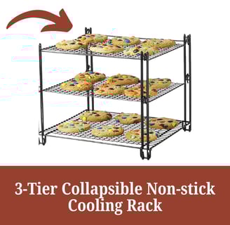 a three tiered rack with cookies and a cookie