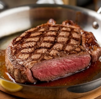 pan seared steak in a stainless-steel pan