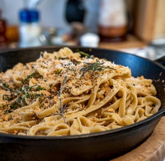 a pan of pasta with cheese and herbs